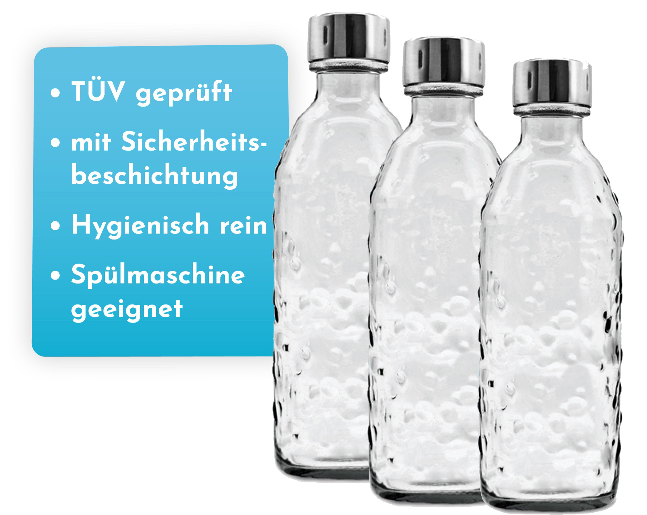 3x Glasflasche 0,7l Drehverschluss für Wassersprudler (SodaStream*,Aarke*,uvm.) 0,75 l mit TWIN SECU