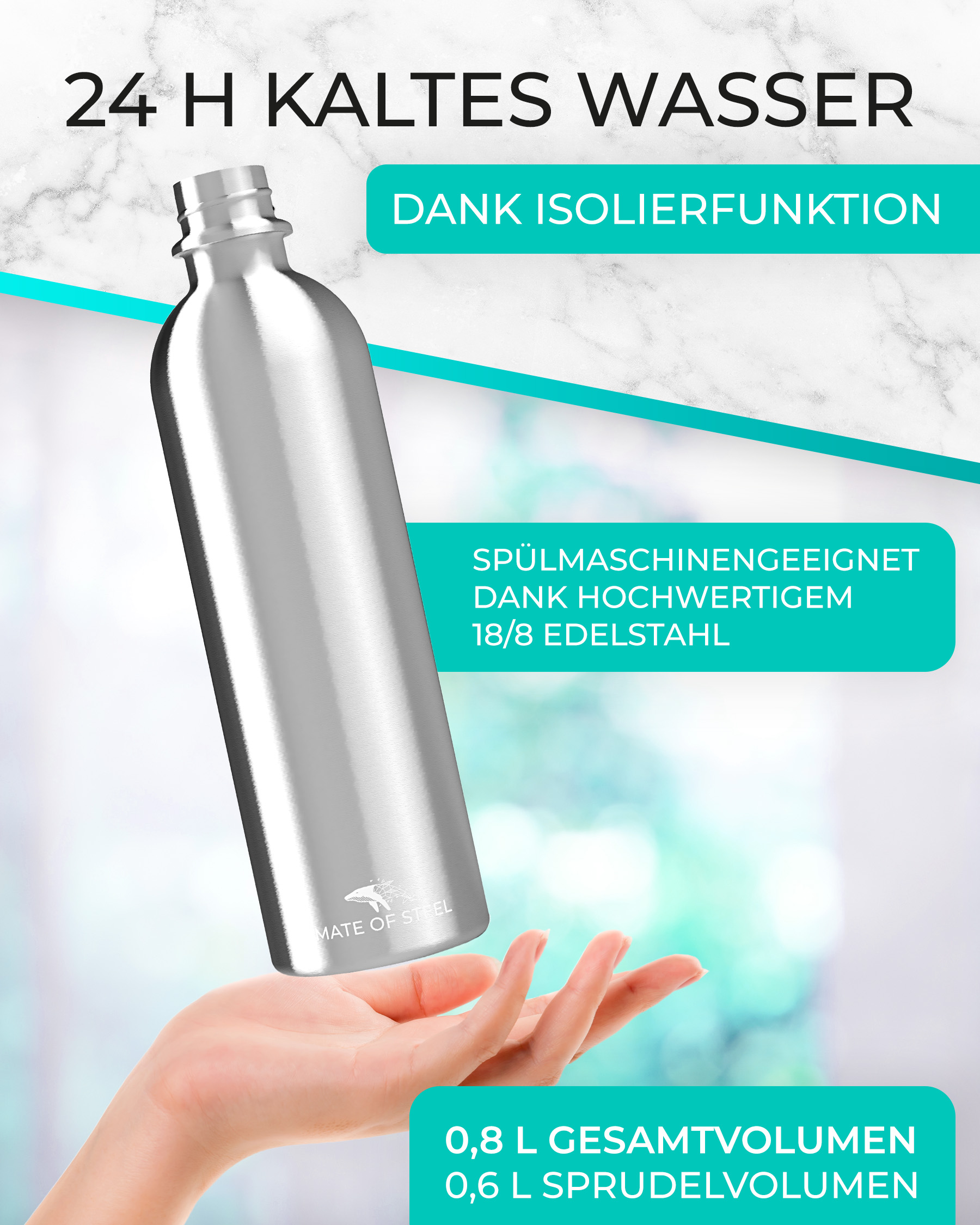 MATE OF STEEL - Dory - 0.8L Isolier-Edelstahl-Flasche für SodaStream