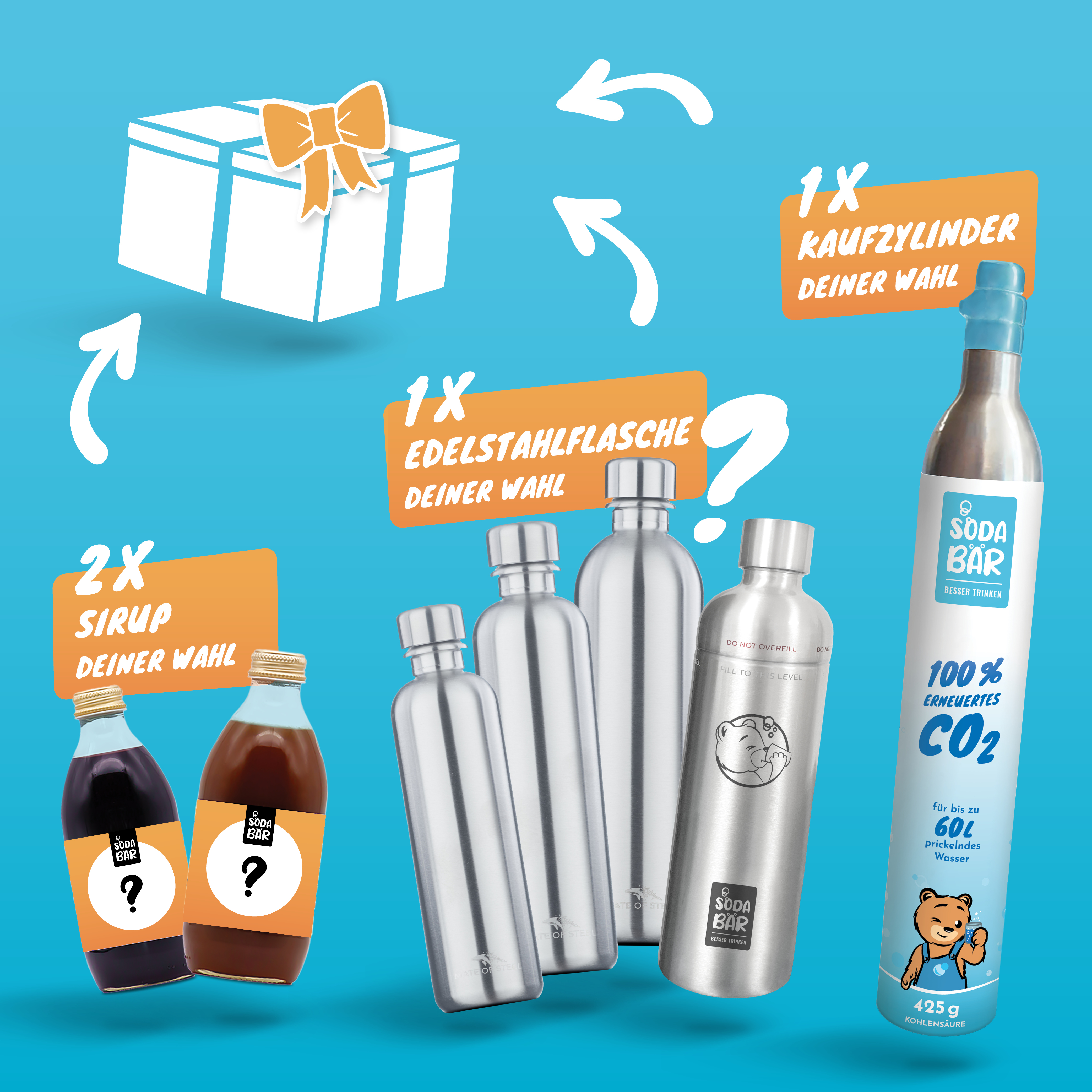 Geschenkbox #1: Zylinder / Edelstahlflasche / 2xSirup