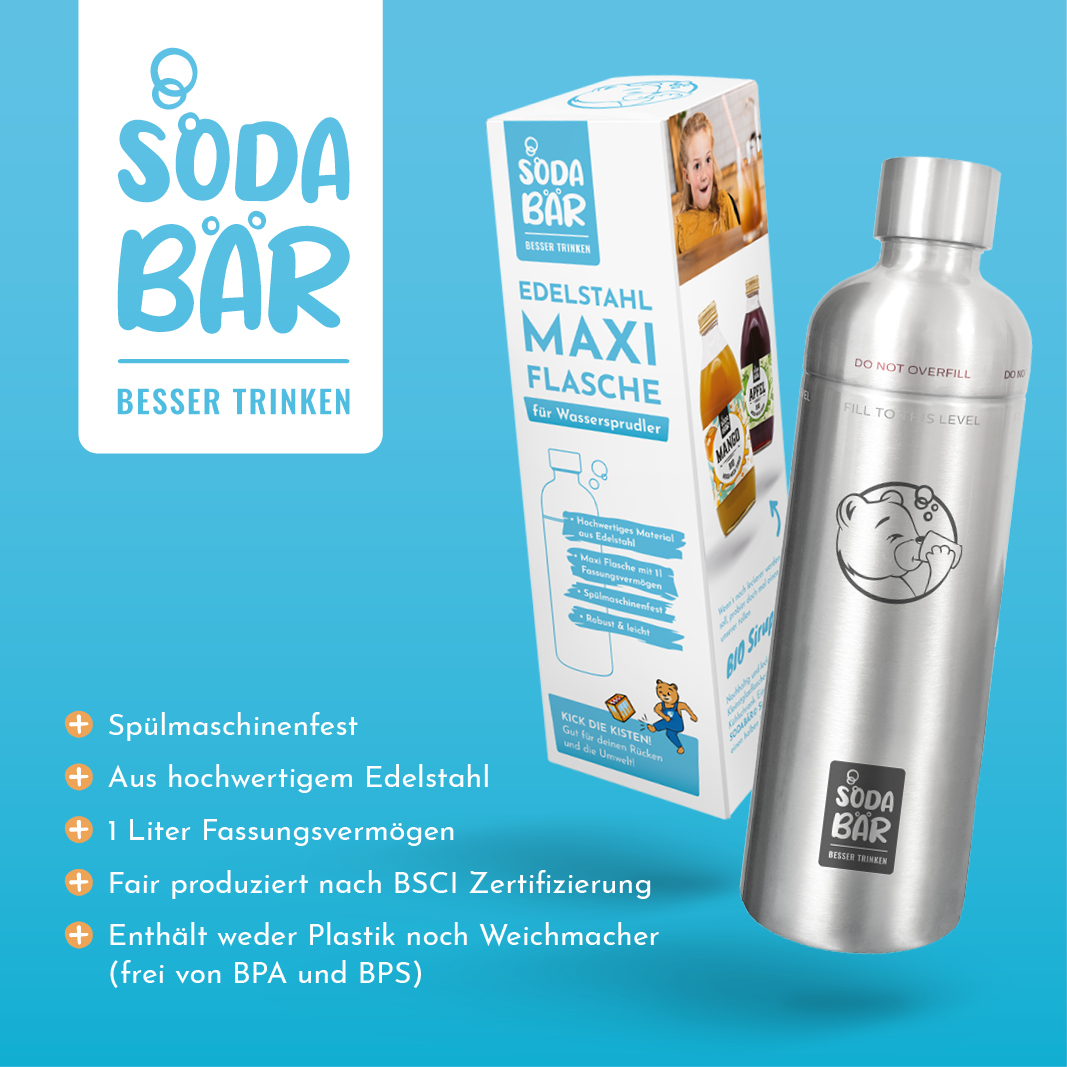 6er Pack Edelstahl 1L Flasche mit Drehverschluss für Wassersprudler MAXI Flasche